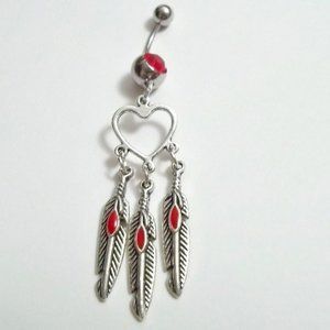 *5/35*  New Handcrafted Red Feather Dream Catcher Belly Ring  14G